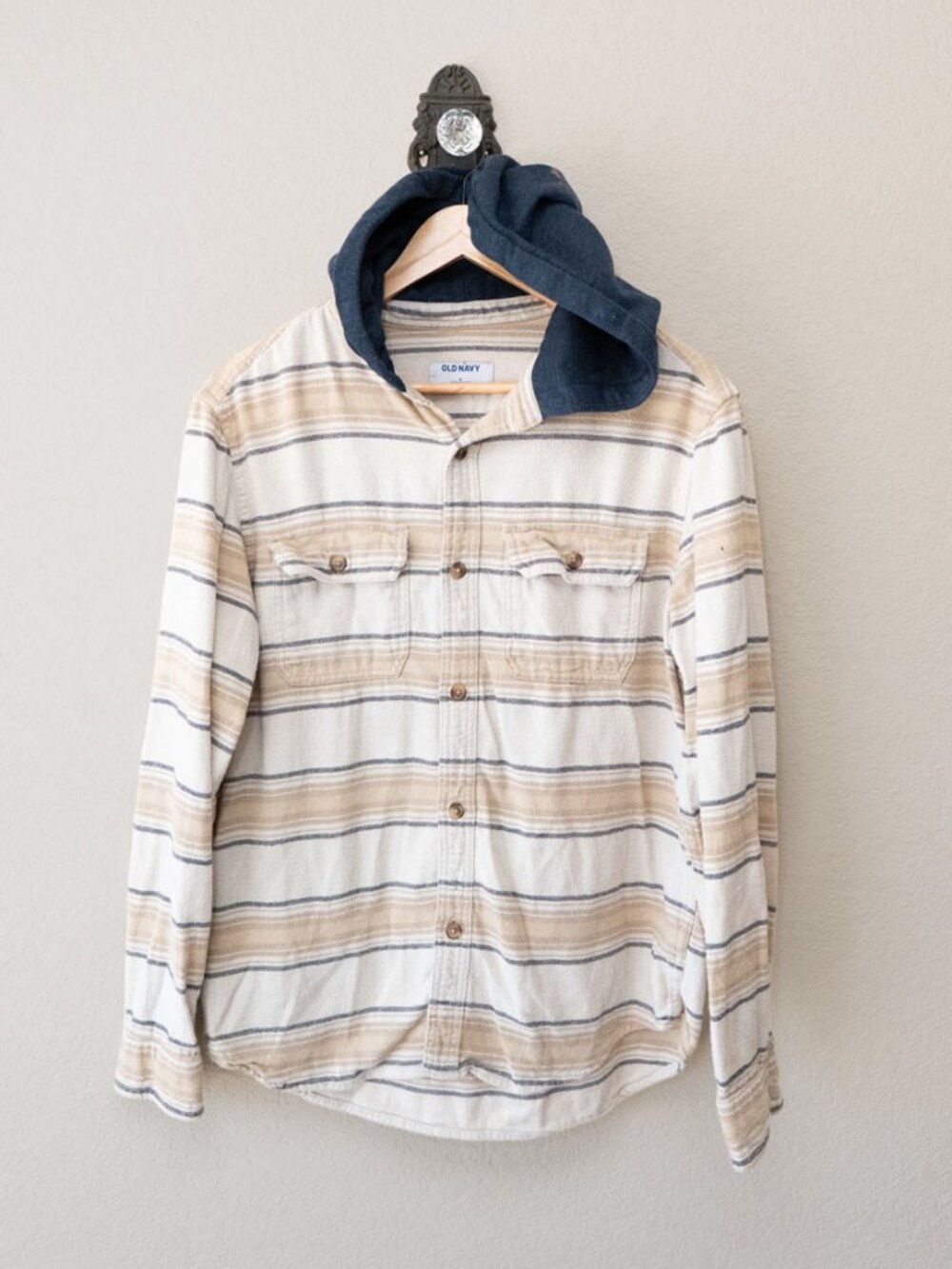 Old Navy Hooded Flannel Shirt Mens M Cream Blue Stripe Double Brushed Shacket
